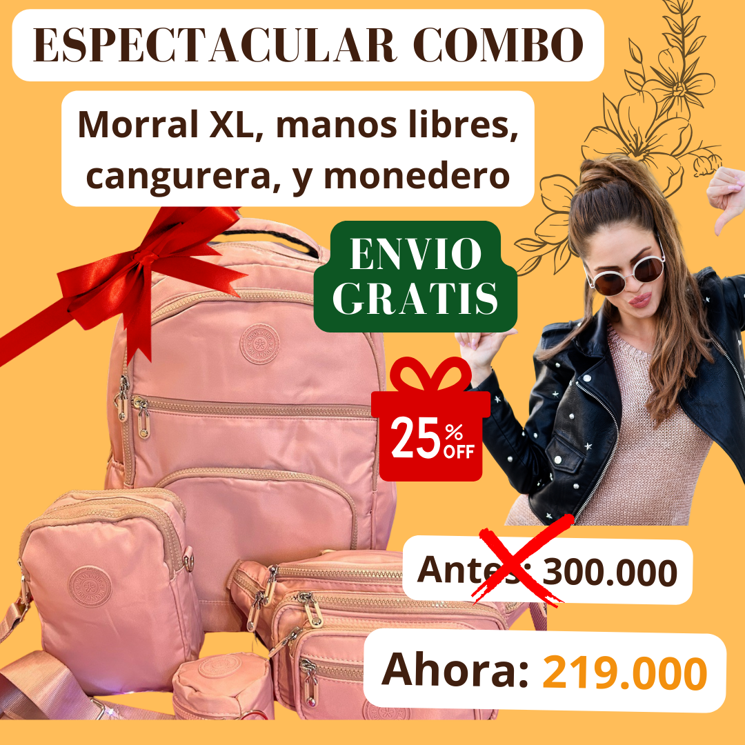 COMBO MOCHLA, CANGURERA, MANOS LIBRE Y MONEDERO