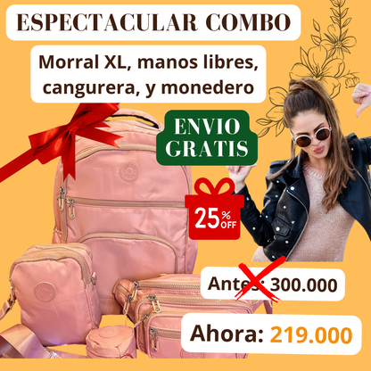 COMBO MOCHLA, CANGURERA, MANOS LIBRE Y MONEDERO