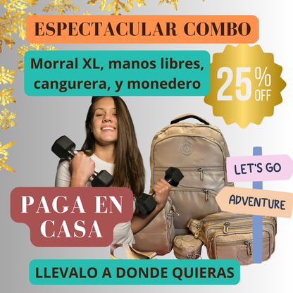 COMBO MOCHLA, CANGURERA, MANOS LIBRE Y MONEDERO