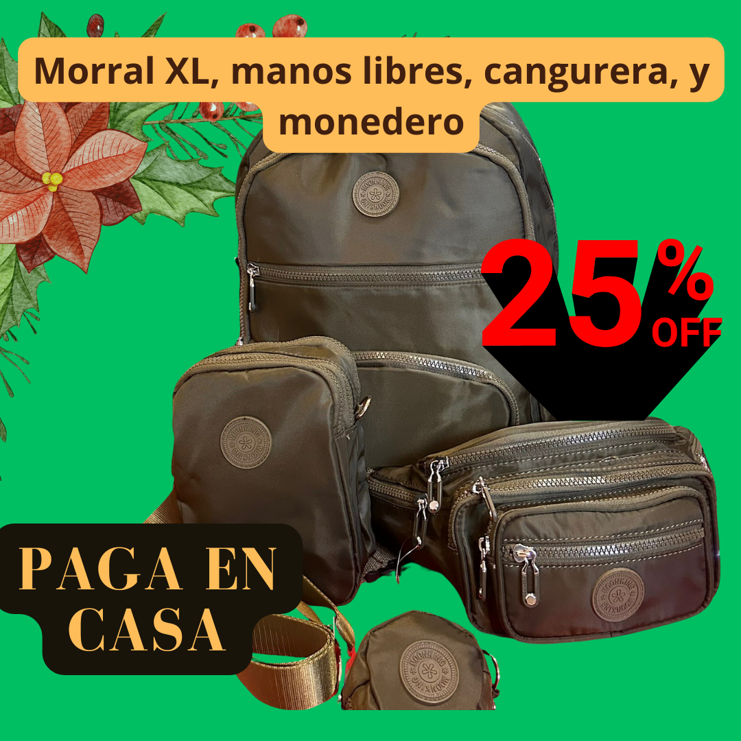 COMBO MOCHLA, CANGURERA, MANOS LIBRE Y MONEDERO